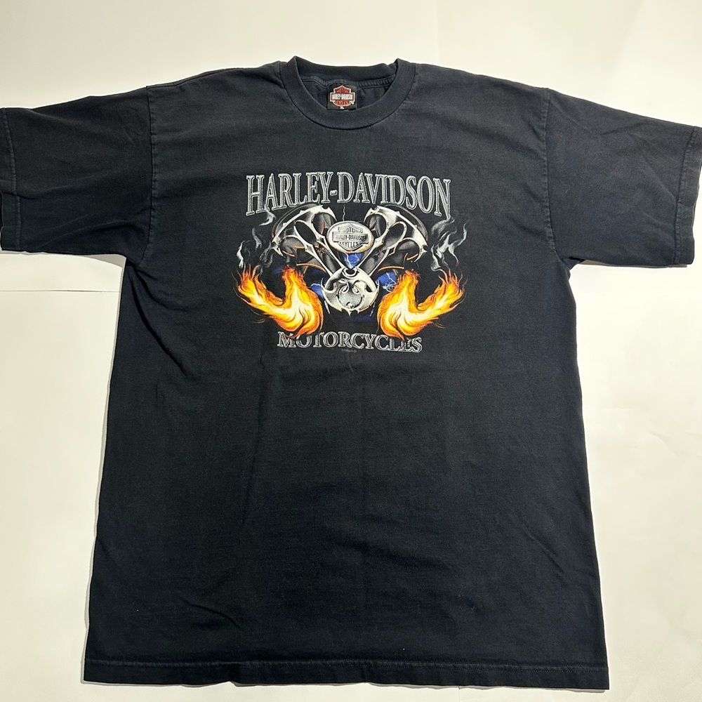 Harley-Davidson 2005 Black and Orange Flame Y2K T-Shirt